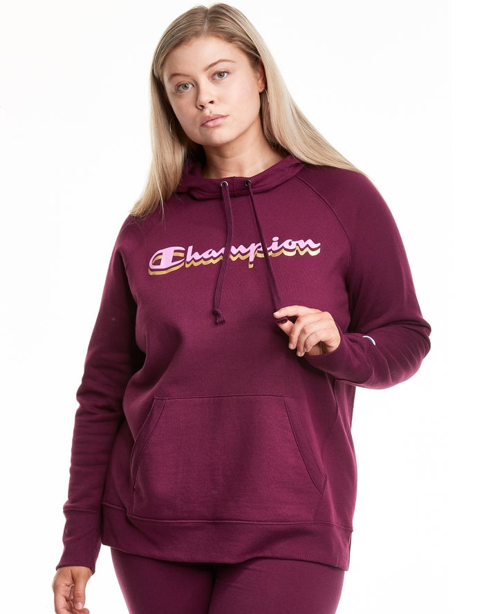 Hanorac Cu Gluga Champion Plus Powerblend Fleece Drop Shadow Foil Script Logo Dama Violet Inchis - R